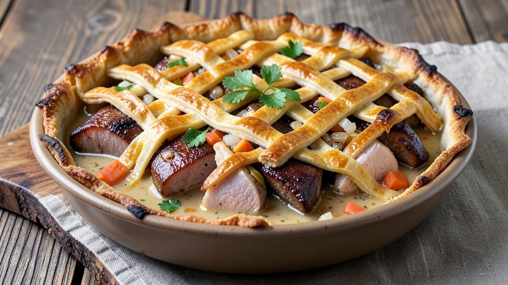 Pork and Chicken Meat Pie Recipe: Flaky Pastry Over Savory Gravy Masterpiece