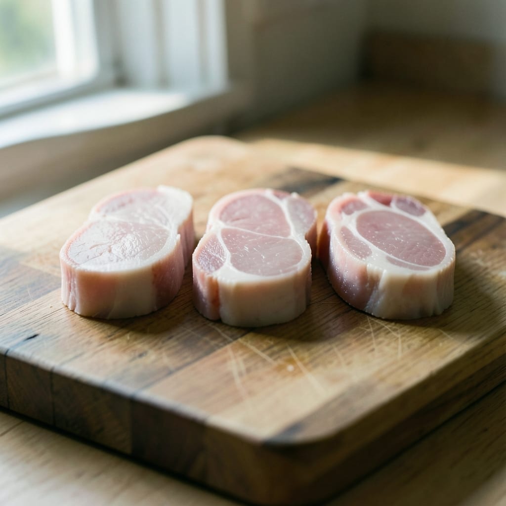 Three chops of different thickness, ready to be tested